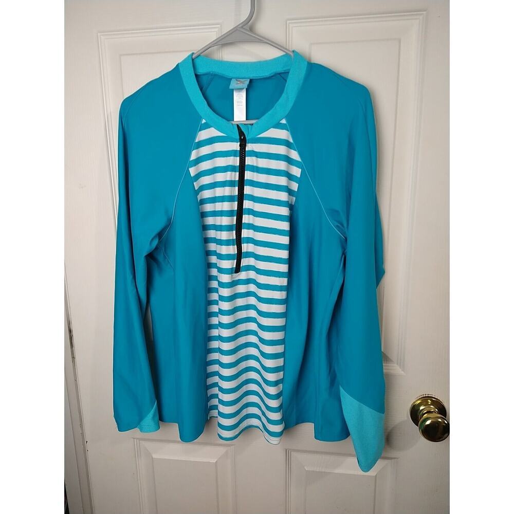 Coastal Blue Woman 1X Aqua White Rash Guard Long Sleeve 1/4 Zip Pullover